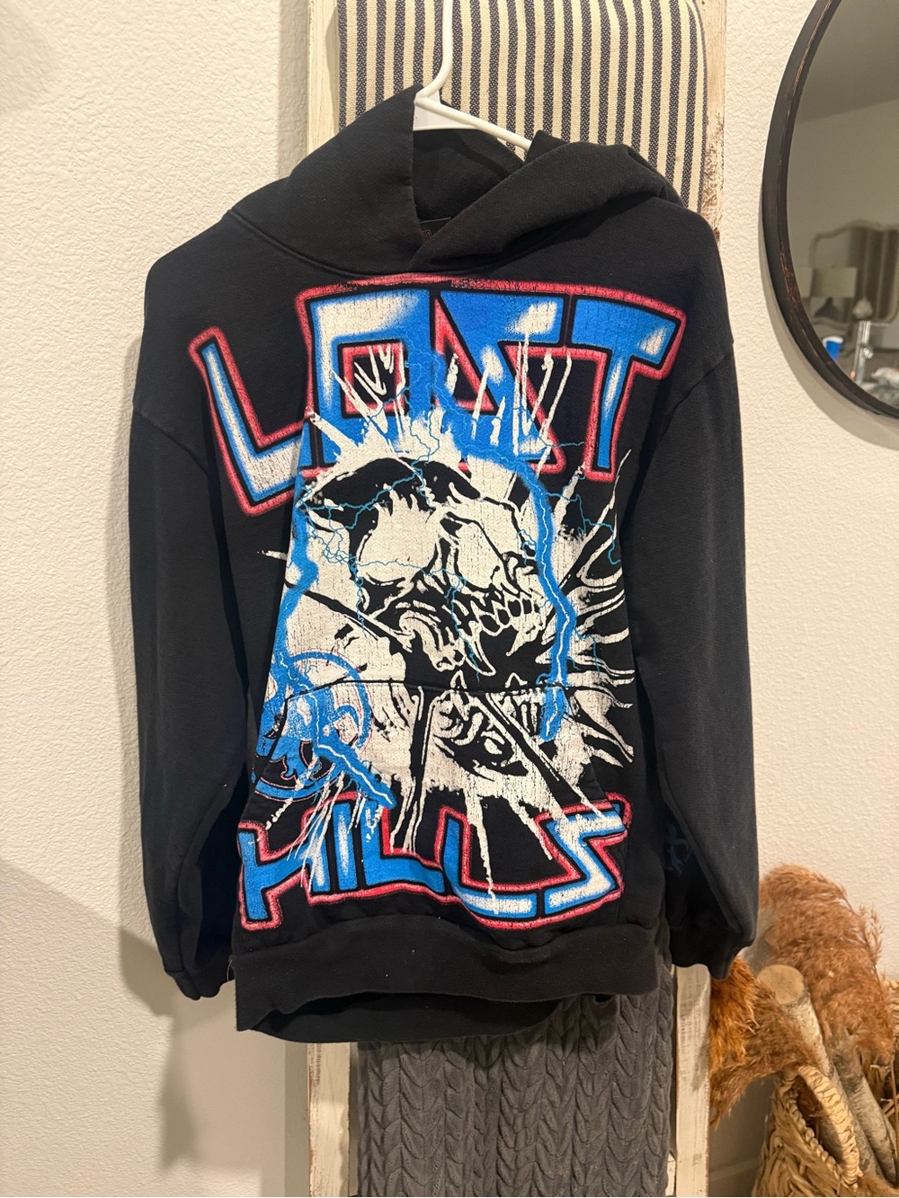 Lost Hills Black Graphic Skull Hoodie with Blue and Red Accents